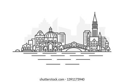 Venice, Italy architecture line skyline illustration. Linear vector cityscape with famous landmarks, city sights, design icons. Landscape with editable strokes.