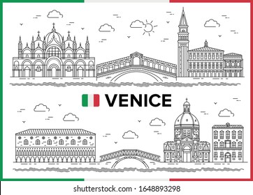 Venice, Italy. Basilica di Santa Maria Della salute, Rialto Bridge, Piazza San Marco, St. Mark's Basilica. Vector illustration