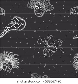 Venice Italy carnival masks seamless pattern. Hand drawn sketch Italian Venetian festival. Doodle Drawing background on chalkboard