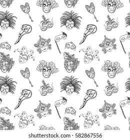 Venice Italy carnival masks seamless pattern. Hand drawn sketch Italian Venetian festival. Doodle Drawing background