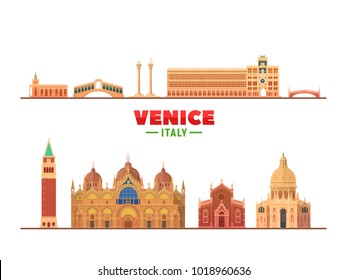 Venice Italy city landmarks in white background. Vector Illustration. Legendary Landmarks: The Rialto Bridge, Piazza and  Campanile San Marco, Bridge of Sighs