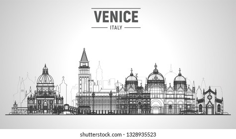 Venice ( Italy ) city line skyline with panorama in white background. Vector Illustration. Business travel and tourism concept with old buildings. Image for presentation, banner, web site.