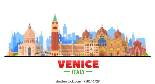 Venice ( Italy ) city skyline with panorama in white background. Vector Illustration. Business travel and tourism concept with old buildings. Image for presentation, banner, web site.