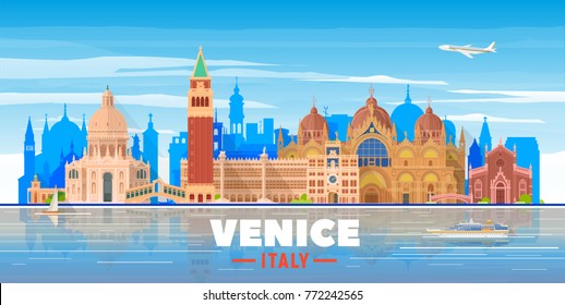 Venice ( Italy ) city skyline with panorama on sky background. Vector Illustration. Business travel and tourism concept with old buildings. Image for presentation, banner, web site.