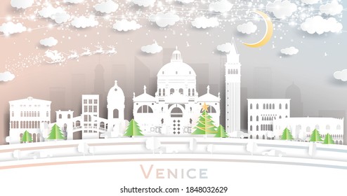 Venice Italy City Skyline in Paper Cut Style with Snowflakes, Moon and Neon Garland. Vector Illustration. Christmas and New Year Concept. Santa Claus on Sleigh.