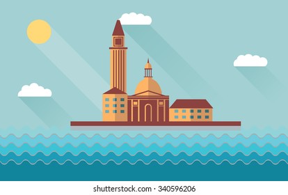 Venice Italy Europe buildings both Catholic cathedral and towers.Flat seashore sea of a wave vector.