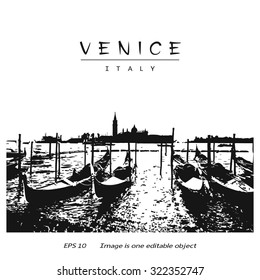 Venice (Italy, Europe) - canal with gondolas and silhouette San Giorgio di Maggiore church. 
Vector image edited auto-trace of author's photo.