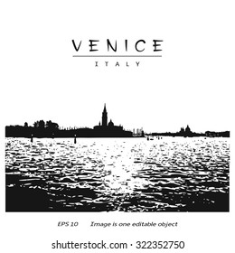 Venice (Italy, Europe) - canal with silhouettes San Giorgio di Maggiore church and San Marco church.  Vector image edited auto-trace of author's photo.