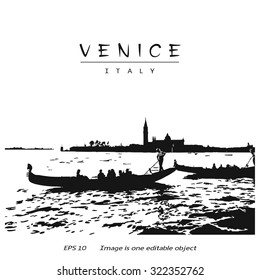 Venice (Italy, Europe) - canal with two gondolas and silhouette San Giorgio di Maggiore church. Vector image edited auto-trace of author's photo.