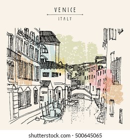 Venice, Italy, Europe. Hand drawing of a canal, houses, boat. Vintage artistic book illustration. Travel sketch. Retro style touristic postcard, poster, greeting card in vector