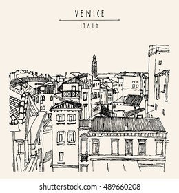 Venice, Italy, Europe. Old beautiful houses, roofs, skyline. Above view. Vintage artistic hand drawn postcard or poster template