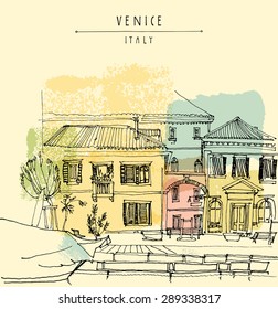 Venice, Italy, Europe. Vector freehand drawing of a canal, houses, boat. Vintage artistic illustration with hand lettered title words. Retro style travel sketchy postcard poster greeting card template