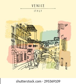 Venice, Italy, Europe. Vector freehand drawing of a canal, houses, boat. Vintage artistic illustration with hand lettered title words. Retro style travel sketchy postcard poster greeting card template