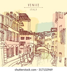 Venice, Italy, Europe. Vector freehand drawing of a canal, houses, boat. Vintage artistic illustration with hand lettered title words. Retro style travel sketchy postcard poster greeting card template