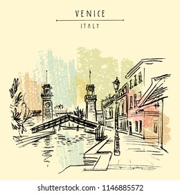 Venice, Italy, Europe. Venetian Arsenal (Arsenale di Venezia). Entrance to the naval Arsenal. Porta di Terra clock towers, Rio de l'Arsenale canal bridge. Travel sketch. Vector hand drawn postcard