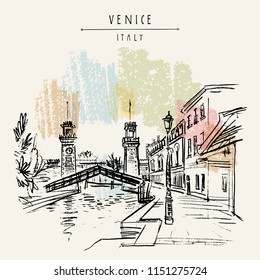 Venice, Italy, Europe. Venetian Arsenal (Arsenale di Venezia). Entrance to the naval Arsenal. Porta di Terra clock towers, Rio de l'Arsenale canal bridge. Travel sketch. Vector hand drawn postcard