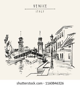 Venice, Italy, Europe. Venetian Arsenal (Arsenale di Venezia). Entrance to the naval Arsenal. Porta di Terra clock towers, Rio de l'Arsenale canal bridge. Travel sketch. Vector hand drawn postcard