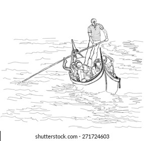 Venice. Italy. The gondolier floats on a gondola with tourists. Vector black & white sketch
