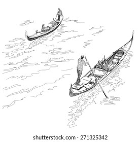 Venice. Italy. The gondoliers floats on a gondola with tourists. Vector black & white sketch