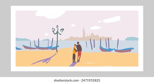 Venedig, Italien. Handgezeichnete Vektorgrafik Illustration. Poster Minimalismus Cartoon kreativer Stil 