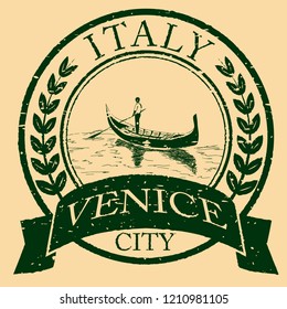 Venice, Italy isolated postage stamp. Venezia architecture with gondola vector illustration. Vintage engraved postmark.