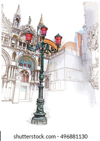 Venecia. Italia. Linterna en la Plaza de San Marcos. Ilustración de color del vector