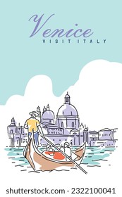 Venice Italy poster retro style. Grand Canal, gondoliers, architecture, vintage cards. Line abstract vector illustration postcard