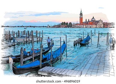 Venecia. Italia. Quay Piazza San Marco. Góndolas en el agua 