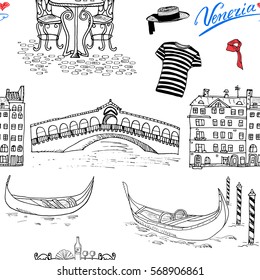 Venice Italy seamless pattern. Hand drawn sketch with gondolas, gondolier clothes, houses, market bridge and cafe table with chairs. Doodle drawing isolated on white