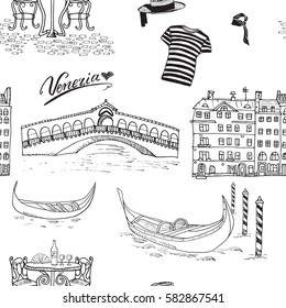 Venice Italy seamless pattern. Hand drawn sketch with gondolas, gondolier clothes, houses, market bridge and cafe table with chairs. Doodle drawing isolated on white