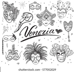 Venice Italy sketch carnival venetian masks Hand drawn set. Drawing doodle collection isolated.