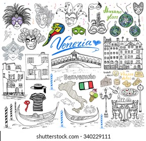 Venice Italy sketch elements. Hand drawn set with flag, map, gondolas gondolier clothes , houses, pizza, traditional sweets, carnival venetian masks, market bridge. Drawing doodle collection isolated