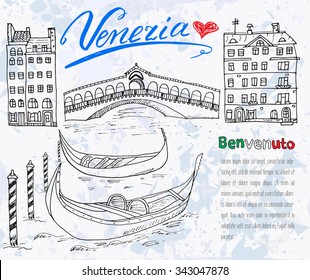 Venice Italy sketch elements. Hand drawn set with flag, map, gondolas, houses, market bridge. Lettering Venice, welcome in Italian. Drawing doodle collection and sampel text.