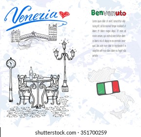 Venice Italy sketch elements. Hand drawn set with flag, map, gondolas, houses, market bridge. Lettering Venice, welcome in Italian. Drawing doodle collection and sample text, isolated.