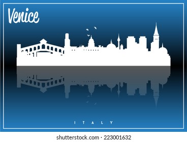 Venice, Italy, skyline silhouette vector design on parliament blue and black background. 