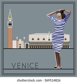 Venice. Italy. St. Mark's Square (Piazza San Marco). The woman (girl) on the background of architecture. For invitation, flyer, sticker, poster, banner, card,label, cover, web. Vector illustration.