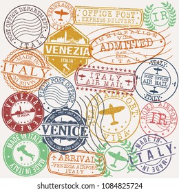 Venice Italy Stamp Vector Art Postal Passport Travel Design Set Badge Rubber.