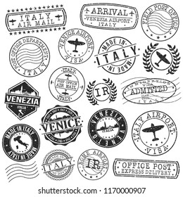 Venice Italy Stamp Vector Art Postal Passport Travel Design Set. Postmark Icon Vintage Style.