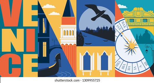 Venice, Italy vector banner, illustration. City skyline, Grand canal, San Marco, historical buildings in modern flat design style. Italian ancient landmarks. 