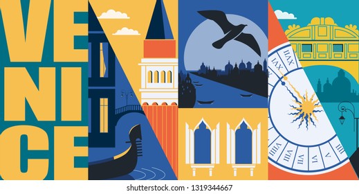 Venice, Italy vector banner, illustration. City skyline, historical buildings in modern flat design style. Italian ancient landmarks 