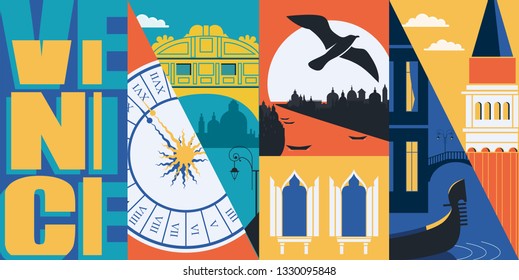 Venice, Italy vector banner, illustration. City skyline, Grand canal, San Marco, Venetian buildings in modern flat design style. Italian ancient landmarks for travel and tourism concept 