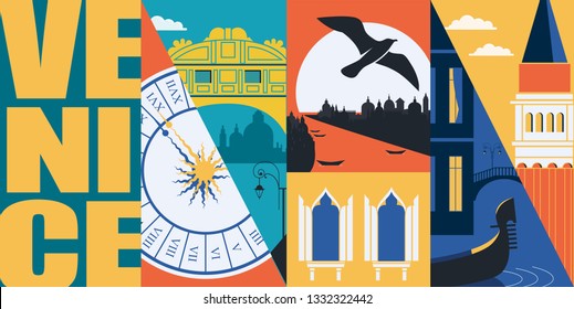 Venice, Italy vector banner, illustration. City views, historical buildings in modern flat design style. Italian ancient landmarks 