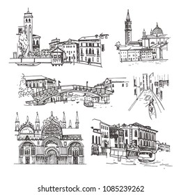 Venice, Italy. Vector sketch old town. Hand drawn public and religious buildings (St. Mark's Cathedral), channels with gondolas.