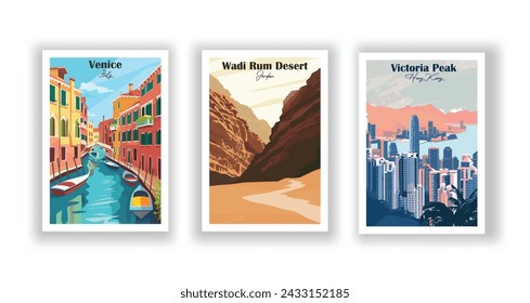 Venice, Italy. Victoria Peak, Hong Kong. Wadi Rum Desert, Jordan - Set of 3 Vintage Travel Posters. Vector illustration. High Quality Prints