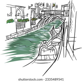 Venice, Italy and water, sketch style city illustration.