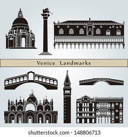 Venice landmarks and monuments isolated on blue background in editable vector file