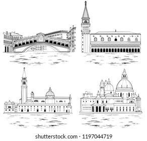 Venice landmarks and tourist attractions set. Vector illustration