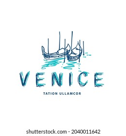 Plantilla de logotipo de Venecia con dos góndolas en Venecia, Italia. Logotipo de dibujo vectorial dibujado a mano con góndolas amarradas.