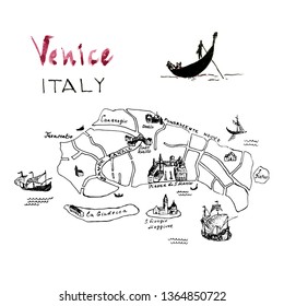 Venice map hand drawn illustration. Floating gondola with gondolier on canal. Black ink pen sketch. City architecture. Freehand contour drawing. Cityscape graphic composition.