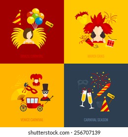 Venice mardi gras brazilian celebration traditions 4 flat icons of carnival season composition abstract isolated vector illustration